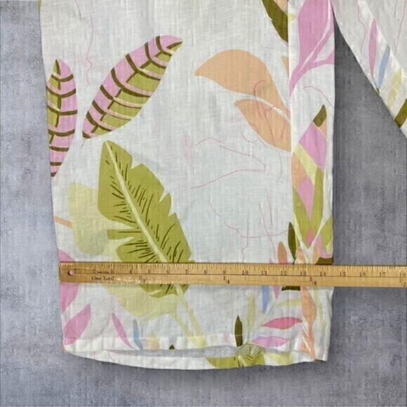 Cynthia Rowley Linen Pants Womens L Cream Tropical Print Wide Leg Crop Pull On - Picture 14 of 15